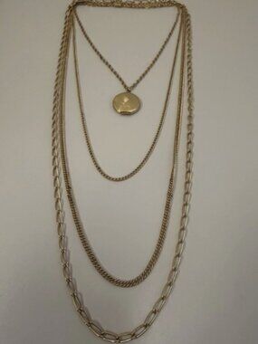 Vintage Long Multi Chain Locket Pendant Gold Tone Layered Necklace Statement